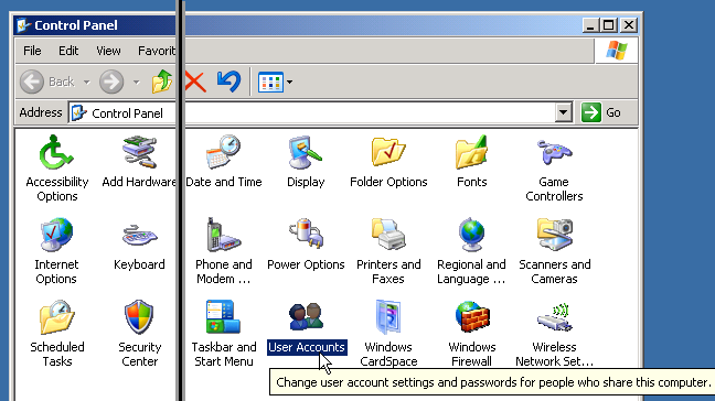 Control panel view - Select User Accounts option